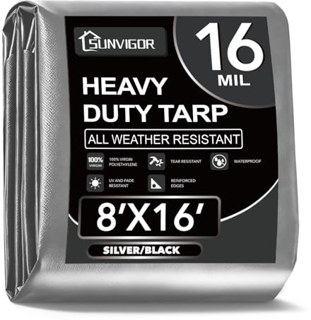 Sunvigor Tarp Waterproof 8x16Ft, Extra Thick 16 Mil Heavy Duty Tarp Cover, Tear & Fade Resistant, Outdoor Tarps with Brass Grommets and Reinforced Edges for Roof, Camping, Patio, Boat (Silver/Black)