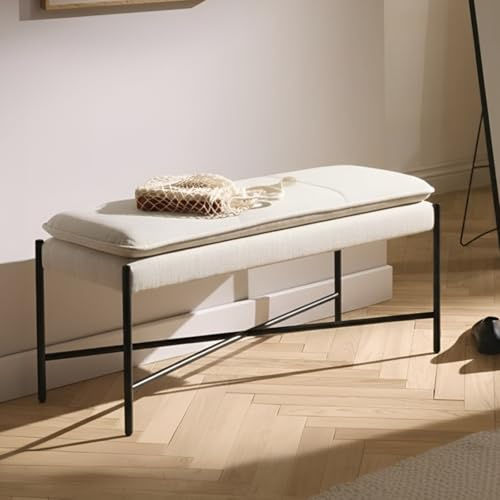 Ya-Home Banc au Bout de Lit en Lin Banquette pour Chambre Salon avec Pieds en Métal Banc Ottoman d'Entrée à Double Couche, Beige
