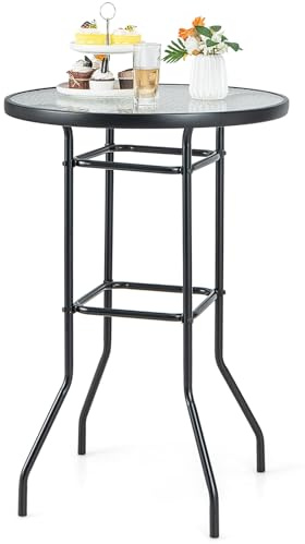 COSTWAY Trädgårdsbord, 97 cm Högt Ståbord, Runt Bistrobord med Bordsskiva av Härdat Glas, Barbord för Terrass, Gård och Pool