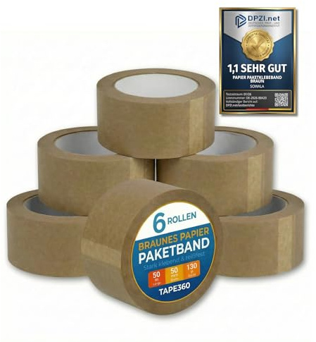 sowala Papier Paketklebeband braun 50mm x 50m plastikfrei - 6 Rollen | Recycelbar: einfach mit dem Karton ins Altpapier - stark klebend und reißfest