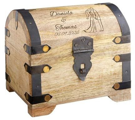 Casa Vivente Schatztruhe aus hellem Holz mit Gravur zur Hochzeit, Motiv Brautpaar, Personalisiert mit Namen und Datum, Verpackung für Geldgeschenke