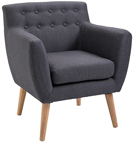 HOMCOM Poltrona Imbottita Moderna, Poltroncina da Camera Soggiorno con Braccioli Tessuto Legno 68 × 58.5 × 76cm Grigio Scuro