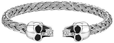 JewelryWe Schmuck Herren Armband, Gegenüber Totenkopf Schädel Draht geflochten Offen Armreif Armspange, Edelstahl, Gold Silber