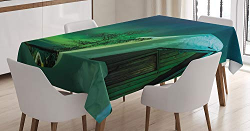 ABAKUHAUS Natur Tischdecke, Holzhaus Winter, Für den Inn und Outdoor Bereich geeignet Waschbar Druck Klar Kein Verblassen, 140 x 170 cm, Jadegrün Dunkelblau