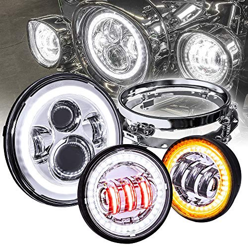 TRUE MODS 7 LED Headlight 4.5 Passing Light for Harley Davidson + Chrome Mounting Bracket [HALO DRL] H4 For Road King Electra Glide Ultra Classic Limited Heritage Softail Fat Boy Tri Street Glide