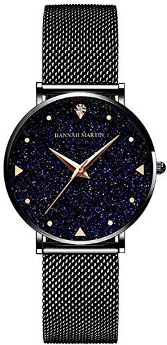 HANNAH MARTIN Sternenhimmel Damen Uhren Analog Quarz Edelstahl Wasserdicht Mesh Ultradünne (Schwarz Oberfläche ，Schwarz Armband)