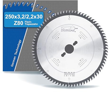 AKE blueline Kreissägeblatt | 250x30 Z80 Flach-Trapezzahn, Hartmetall | sehr feiner Schnitt | für Holzwerkstoff, Holzwerkstoff beschichtet, Laminat, Kunststoff | auf Formatkreissäge, Tischkreissäge