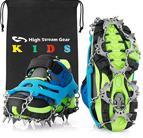 Kids Ice Cleats - Snow Crampons for Hiking Boots & Shoes with 14 Stainless Steel Spikes, Anti Slip Traction Grips for Boys and Girls, Snow Cleats for Hiking, Walking & Climbing (Medium, Blue)