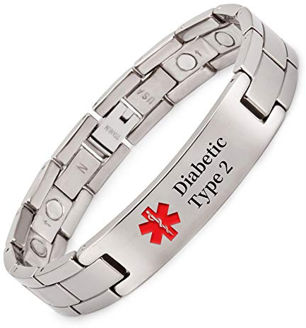 YINOX Bracelet d'alerte médicale magnétique pour homme, avec aimants ultra-puissants, 22 cm/12 mm (Diabétique de type 2), 22 cm, titane, sans pierre précieuse