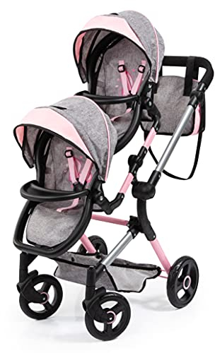 Bayer Design 26233AA Puppenwagen, Zwillingspuppenwagen, Geschwisterwagen, höhenverstellbar, zusammenklappbar, kompatibel mit EasyGo Puppenautositz, grau, rosa in Jeans Look, 46 cm
