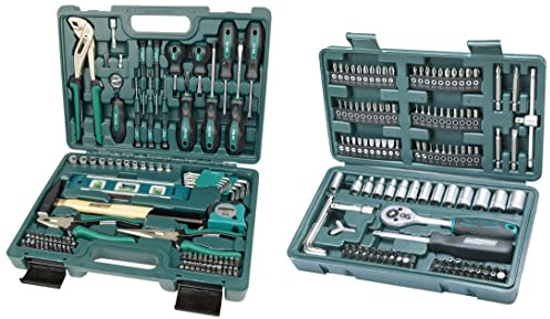 Brueder Mannesmann M29084 Cassetta degli attrezzi con 87 pezzi & Mannesmann M29166 Set chiavi a tubo, a cricchetto, In valigetta di plastica
