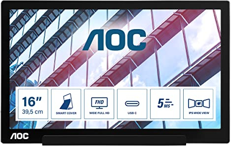 AOC i1601P - 16 Inch Portable monitor, FHD, USB-C, 60Hz, Smart Cover, Auto Pivoit, Ultra Light