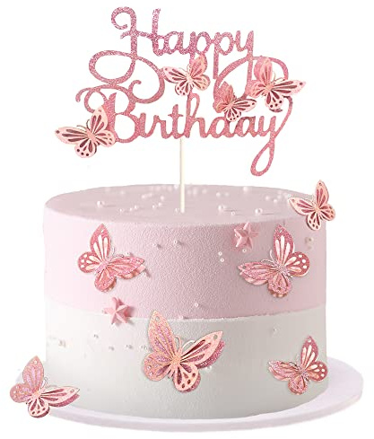 MILIYUKI 13-Pieces 3D Butterfly Cupcake Topper for Girls Women's Happy Birthday Cake Decorations Party Decorations(Pink)