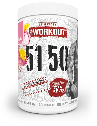 5% Nutrition Rich Piana 5150 High Stim Pre-Workout Powder | Extreme Energy, Focus, Pumps & Endurance | 400 mg Caffeine, Citrulline, Beta Alanine, N-Acetyl L-Tyrosine | 30 Srvgs (Pink Lemonade)
