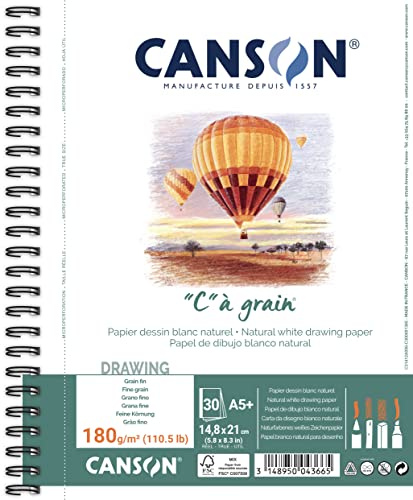 CANSON C Körnung, weißes Zeichenpapier, feine Körnung, 180 g/m², 110,5 lb, Spiralalbum, große Seite, A5 – 14,8 x 21 cm, Naturweiß, 30 Blatt