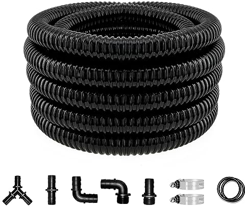 LONGRUN 25mm Pond Hose Pipe, 1 Dia Black Corrugated Flexible Hose with Clamps Fitting, 6.2 Metres Length
