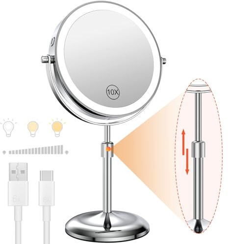 Benbilry 7 Lighted Makeup Mirror with Magnification 10X & 3 Color Lights, Adjustable Brightness & Height, 360° Swivel Rechargeable LED Magnifying Make Up Vanity Mirror with Lighting (Silver)