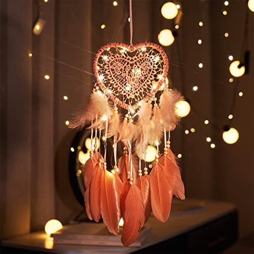Bohemian Dekoration, Dsaren Led Traumfänger Mädchen Handgefertigt Dreamcatcher Spitze Federn Traumfänger Liebe für Gute Träume Wandbehang Auto Raum Mädchen Kreatives Geschenk (Rosa)