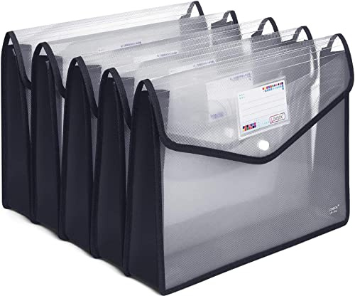 Dproptel A4 Kunststoff-Brieftaschen, 5 Stück, Druckknopfverschluss, Kunststoff, Dokumentenmappe, Premium-Taschen, Aktenumschlag, für Schule, Büro, mit Druckknopfverschluss und Kartenschlitz, Schwarz