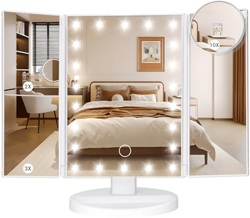 LeeWent Makeup Mirror Vanity Mirror with Lights, Bathroom Adjustable Brightness Mirrors 1X/2X/3X/10X Magnification and Touch Screen Trifold Makeup Mirror Two Power Supply Modes Women Gift White