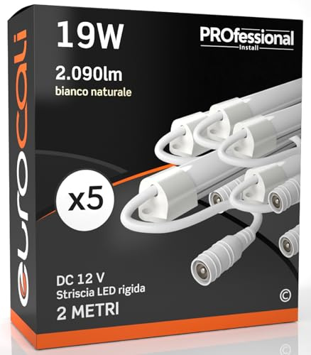 Eurocali Striscia LED 2 metri Rigida con profilo in alluminio 19W 12V 2090 lumen Luce Naturale 4000K - Plug&Play - Pacco da 5