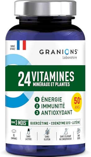 GRANIONS 24 VITAMINES - Multivitamines et Minéraux - Magnesium, Zinc, Vitamine C, Selenium, Coenzyme Q10, Luteine - Energie, Immunité - Vitamines Adultes - 90 Comprimés - 3 MOIS - Fabriqué en FRANCE