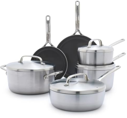GreenPan GP5 - Juego de ollas y sartenes antiadherentes de cerámica saludable de 5 capas de acero inoxidable de 13 piezas, sartenes, saltear, cacerolas, olla de stock, resistente a los arañazos,