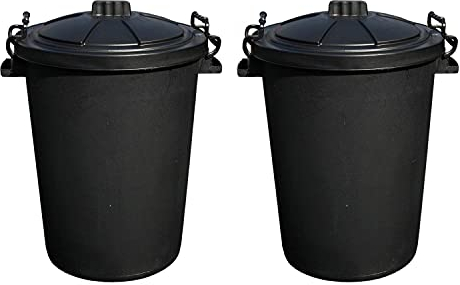 (Set of 2) 50L Heavy Duty Black Plastic Clip-Lid Bins – Bright Storage or Rubbish Bins for Indoor/Outdoor, Animal Feed, Trash, Dustbin, Waste, or Garden Use