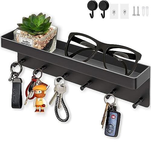 Echehi 6 Hooks Key Holder for Wall, 2 Ways Easy to Install Key and Mail Holder，Key Hooks Wall Mounted for Entrance Area, Hallway, Office. Black