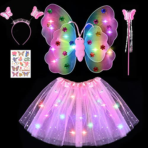 Tacobear Leuchtend Feenkostüm Feenflügel Schmetterlingsflügel mit Haarreif Zauberstab Fee Tattoos LED Tutu Tüllrock Mädchen Kinder Halloween Karneval Feen Geburtstag Party Fasching Kostüm (Rosa)