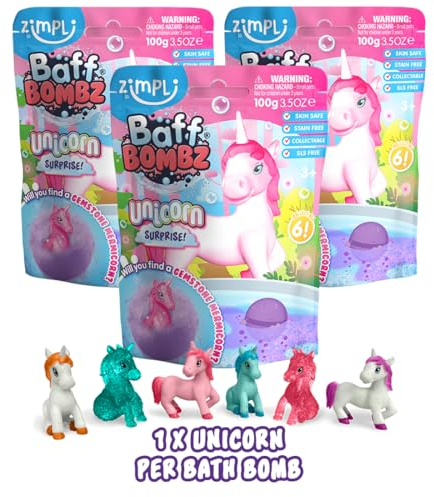 Zimpli Kids - 3 Badebomben Überraschung, Einhorn, 6 Einhorn-Überraschungsspielzeuge zum Sammeln, geheimnisvolles Geschenk für Kinder, zum Befüllen der Weihnachtsstrümpfe, Geschenkset sprudelnde