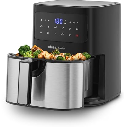 Ufesa Condor Freidora de Aire sin Aceite de 4.5L, Inox, 10 Programas, 1600W, Digital, Temporizador, Temperatura 80ºC - 200ºC, Sin BPA ni PFOA, Cubeta y Bandeja Anti-Adherentes