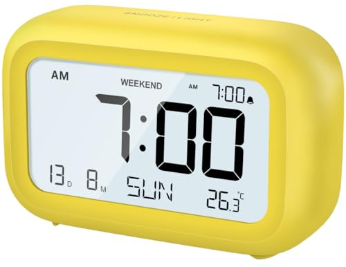DOOMAY Digital Wecker Nachttisch - Batteriebetriebene Uhr mit LCD-Display-Volumen einstellbar Snooze und Wochenendmodus für Schlafzimmer Schreibtisch Reisen (Gelb)