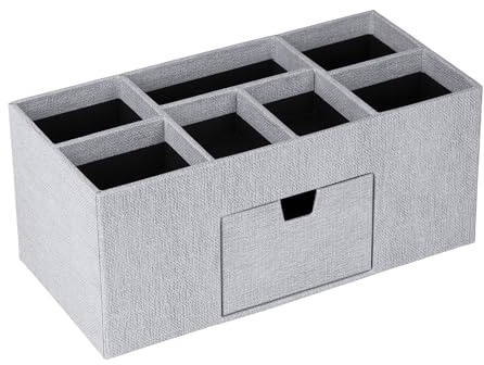 BIGSO VENDELA Schreibtisch Organizer mit 7 Fächern und Schublade – Ablagebox aus Faserplatte und Papier in Leinenoptik – Schreibtischset für Büromaterial – hellgrau