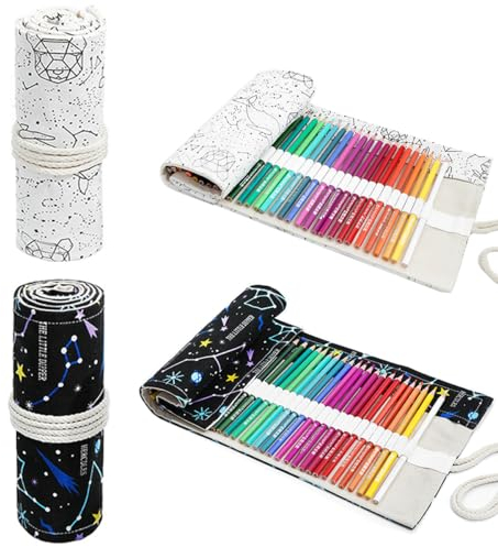WWYSSZ 36 Löcher Leinwand Stifterolle Roll, 2 Stück Rollmäppchen Leinwand Bleistift Wrap, Stifterolle Rollmäppchen,Stifte Mäppchen Rolle, Konstellationsmuster, Waschbar,lona lapices