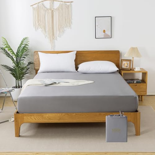 bienDo Bamboo Fitted Sheet for Double Bed, Grey, Vegan Silk, 35CM Deep Pocket, 400 Thread Count, Cooling, Super Soft, Breathable & Hypoallergenic