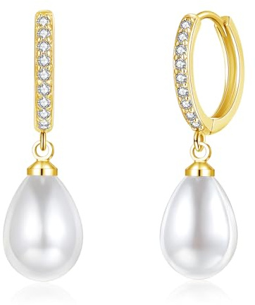 Loutade Ohrringe Gold 925 Creolen mit Anhänger, 925 Sterling Silber Creolen mit Perlen Anhänger, Klein Knorpel Schlafen Perlenohrringe Creolen Silber Gold Ohrringe Hängend für Damen Frauen Mädchen