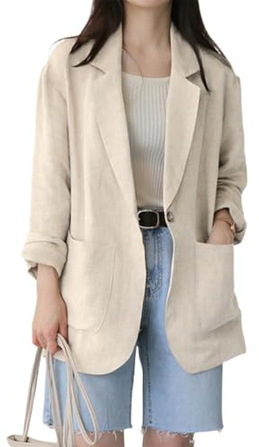 Kinghua Linen Blazer Women Casual Long Sleeve Jackets Spring Summer 2024 Lightweight Business Tops (Beige, XXL)