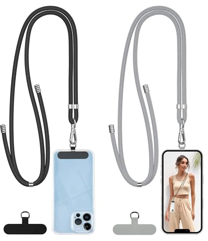 mylovetime 2 Stück Handyband Zum Umhängen und 2 Stück Handy Bänd Patch, Verstellbar Handy Umhängeband, Nylon Handyhülle mit Band Handy Band zum Umhängen kompatibel mit Alle Smartphones Schwarz & Grau