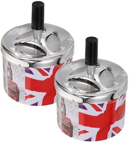 Hohopeti 2pcs Ashtray Stainless Rotating Lid Smokeless Ashtray Retro Design for Home Decor Uk Travel Souvenir
