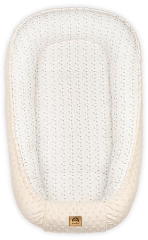 PIMKO Minky Babynestchen 2 seitig für Säuglinge und Neugeborene - Kuschelnest Babykokon mit Blättern und Klappe - beige