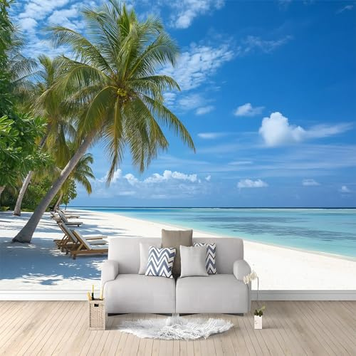 Wall Mural Wallpaper Nature Beach Palm Trees Pattern Wall Decor for Living Room Bedroom Blue Background Print Wallpaper Mural for Children's Room Office wall Non-Woven Wallpaper 250 x 175 cm