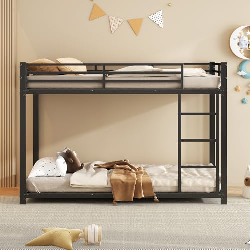 ROISDIYI Etagenbett 2 Kinder 90x200, Kinderbett mit 3-tufige rechtwinklige Leiter, Links oder rechts montierbare Treppe, Eisenbetten, Eisenetagenbetten in klassischer Form (Schwarz, 90X200)