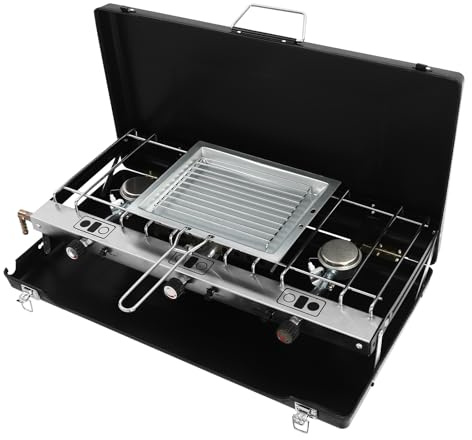 Réchaud à gaz de camping à 3 feux avec régulateur de gaz, plaque de cuisson à gaz portable de 4,5 kW pour l'extérieur et l'intérieur