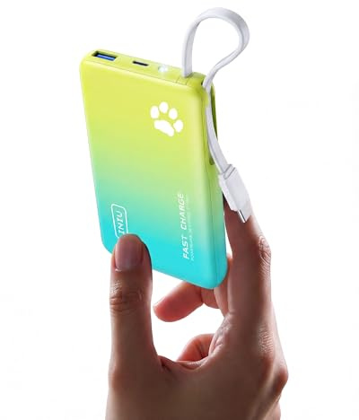 INIU Portable Charger, Slimmest 10000mAh Power Bank with Build in USB-C Cable, 20W PD Fast Charging USB C in&Out Battery Pack, External Phone Charger Blue Yellow
