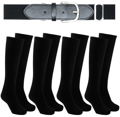 Baseball or Softball Sock & Belt Combo Set Elastic Socks & Adjustable Waist Belts 4 Pairs Football Baseball Socks with 1 Belt