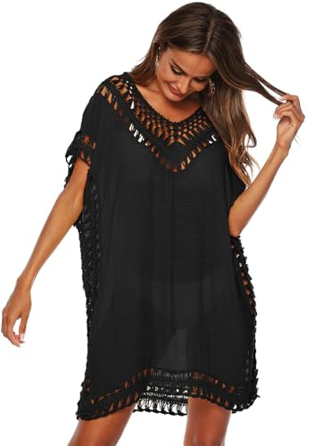 KANDEMY Damen Sommer Bikini Cover Up V-Ausschnitt Strand Poncho Strandkleid mit Cutout Crochet Badeanzug Sommer Kleider für Urlaub