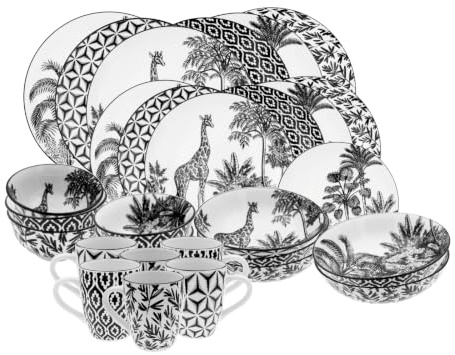 Service de Table 30 Pièces en Porcelaine, Noir et Blanc, Motifs Tribaux, Assiettes, Bols et Mugs, Design Graphique, collection SAVANA