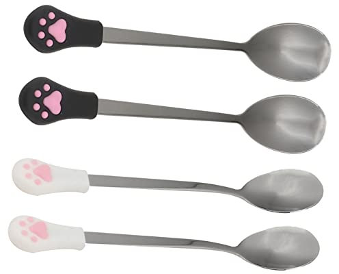 CIYODO 4pcs Stainless Steel Dog Cat Can Food Spoon Set, Sturdy Pet Food Scoop Black and White Paw Design, Suitable for Feeding Dogs and Cats