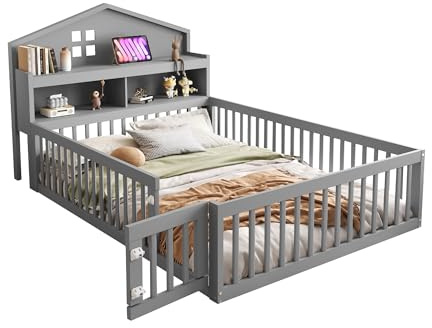 Goldicoo Montessori Golvsäng, hussäng, 140 x 200 – barnsäng av trä med skydd, ribbotten och hylla, spjälsäng med dörr